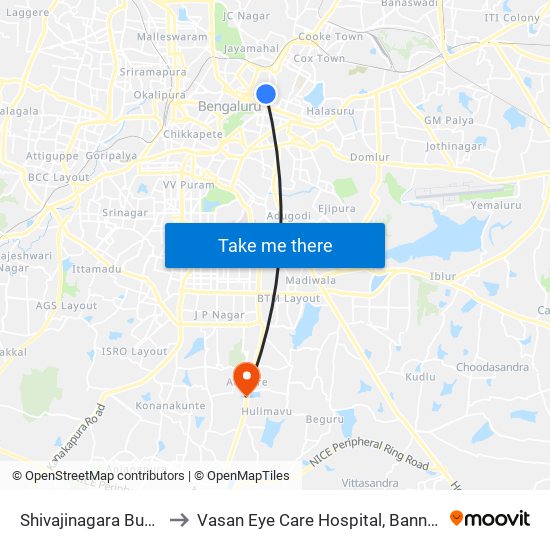 Shivajinagara Bus Station to Vasan Eye Care Hospital, Bannergatta Road map