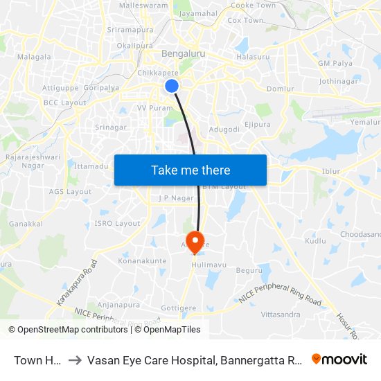 Town Hall to Vasan Eye Care Hospital, Bannergatta Road map