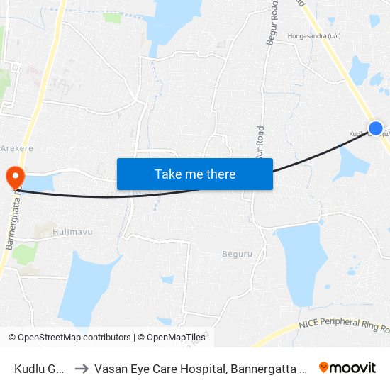 Kudlu Gate to Vasan Eye Care Hospital, Bannergatta Road map