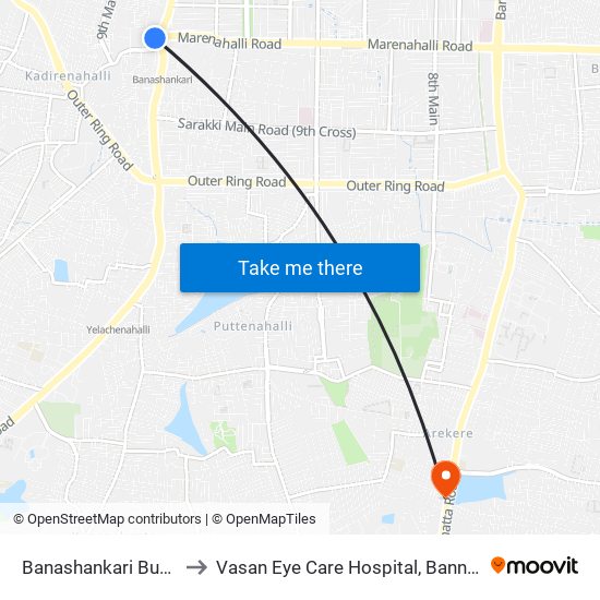 Banashankari Bus Station to Vasan Eye Care Hospital, Bannergatta Road map