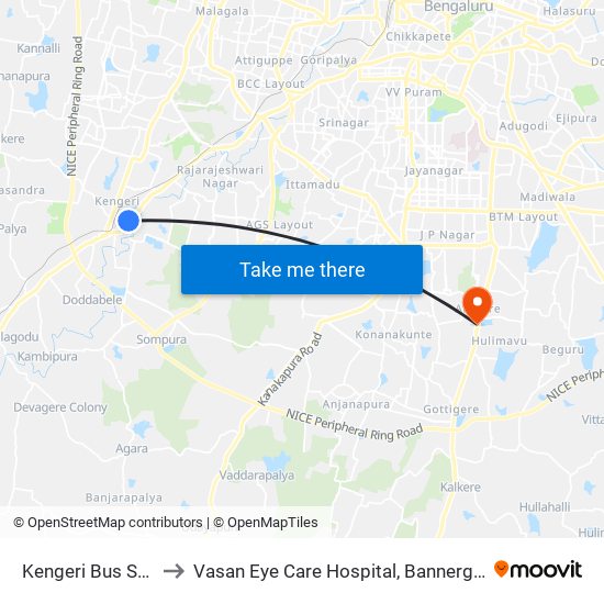 Kengeri Bus Station to Vasan Eye Care Hospital, Bannergatta Road map