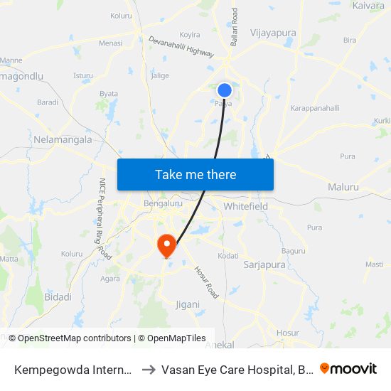 Kempegowda International Airport to Vasan Eye Care Hospital, Bannergatta Road map