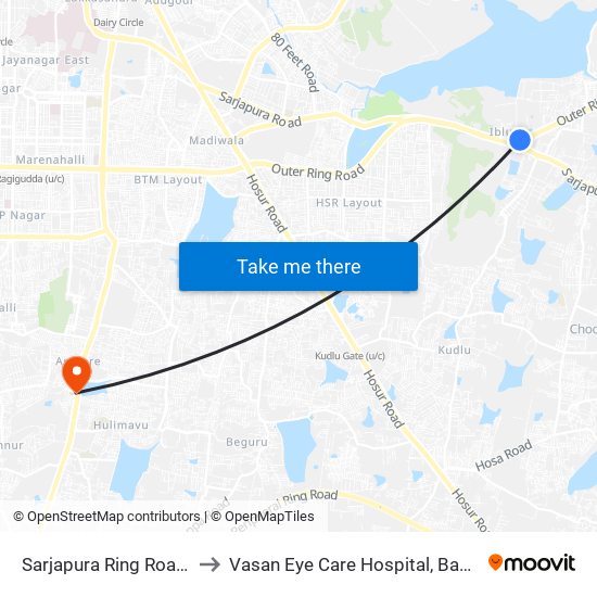 Sarjapura Ring Road Junction to Vasan Eye Care Hospital, Bannergatta Road map