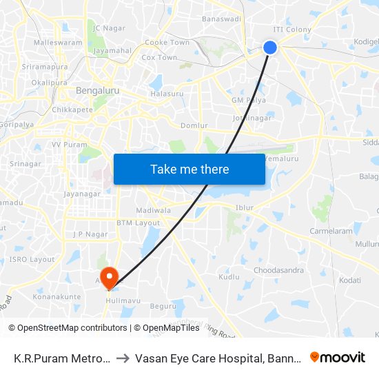 K.R.Puram Metro Station to Vasan Eye Care Hospital, Bannergatta Road map