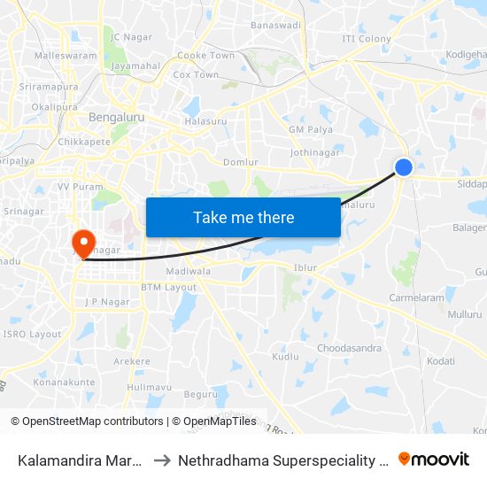 Kalamandira  Marathahalli Bridge to Nethradhama Superspeciality Eye Hospital, Jayanagar map