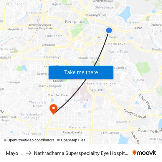 Mayo Hall to Nethradhama Superspeciality Eye Hospital, Jayanagar map