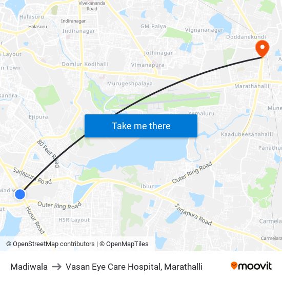 Madiwala to Vasan Eye Care Hospital, Marathalli map