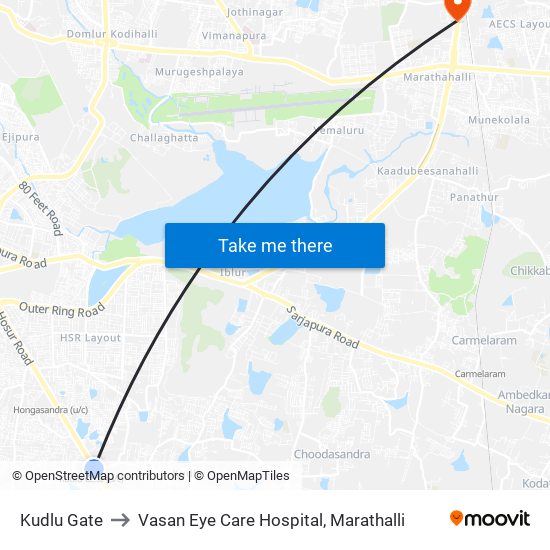 Kudlu Gate to Vasan Eye Care Hospital, Marathalli map