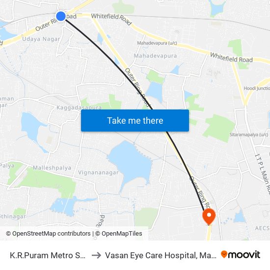 K.R.Puram Metro Station to Vasan Eye Care Hospital, Marathalli map