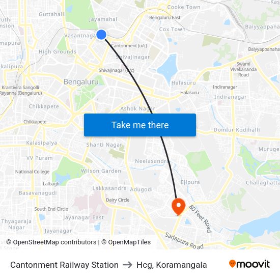 Cantonment Railway Station to Hcg, Koramangala with public transportation