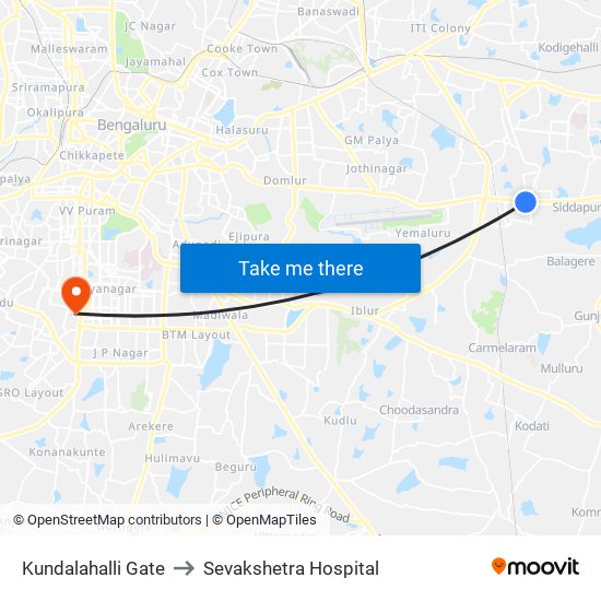 Kundalahalli Gate to Sevakshetra Hospital map