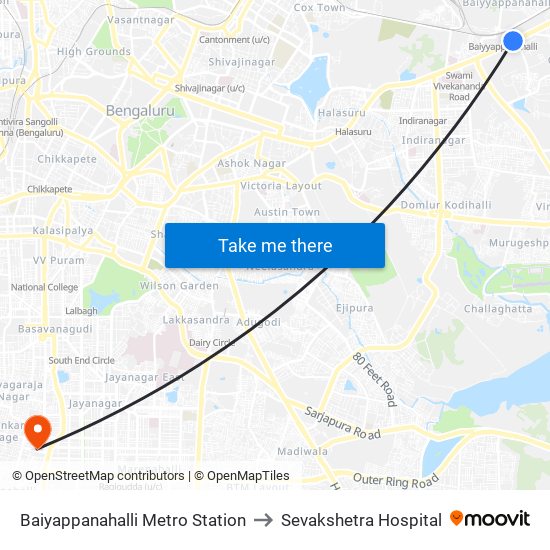 Baiyappanahalli Metro Station to Sevakshetra Hospital map