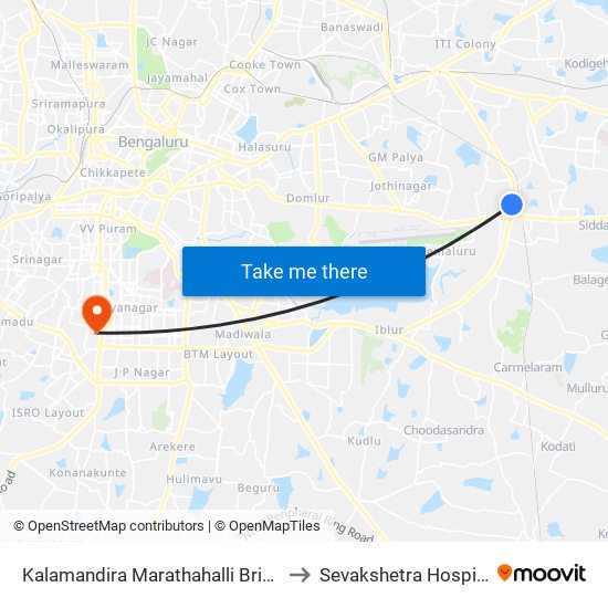 Kalamandira  Marathahalli Bridge to Sevakshetra Hospital map