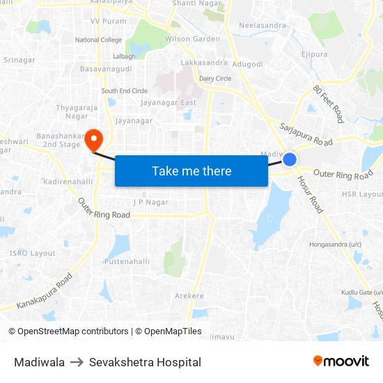 Madiwala to Sevakshetra Hospital map