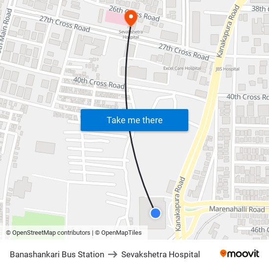 Banashankari Bus Station to Sevakshetra Hospital map