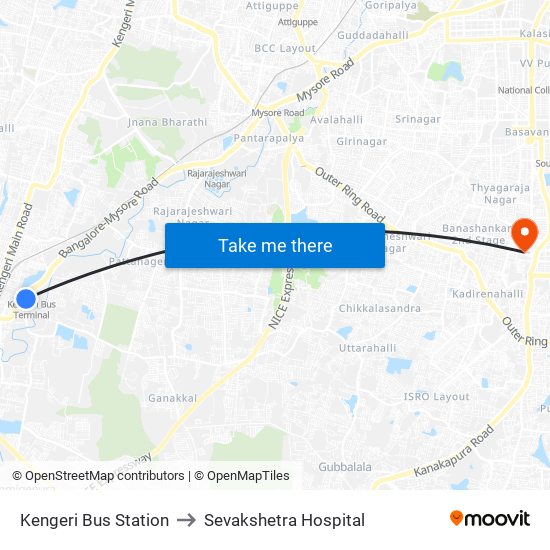 Kengeri Bus Station to Sevakshetra Hospital map