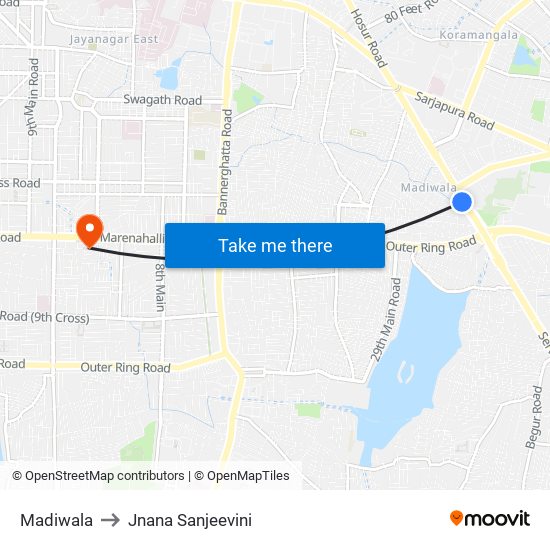Madiwala to Jnana Sanjeevini map