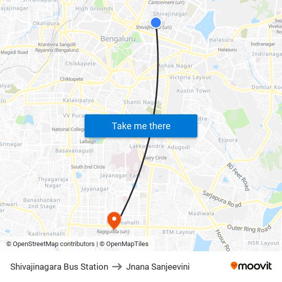 Shivajinagara Bus Station to Jnana Sanjeevini map