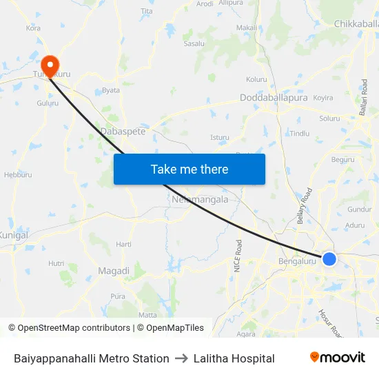 Baiyappanahalli Metro Station to Lalitha Hospital map