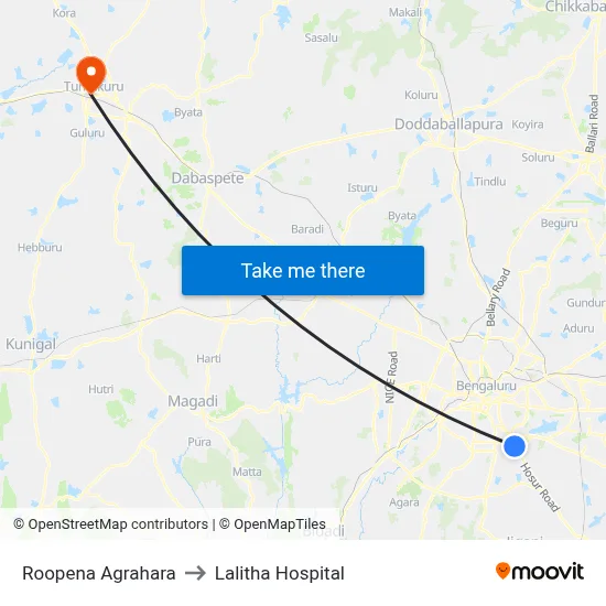 Roopena Agrahara to Lalitha Hospital map