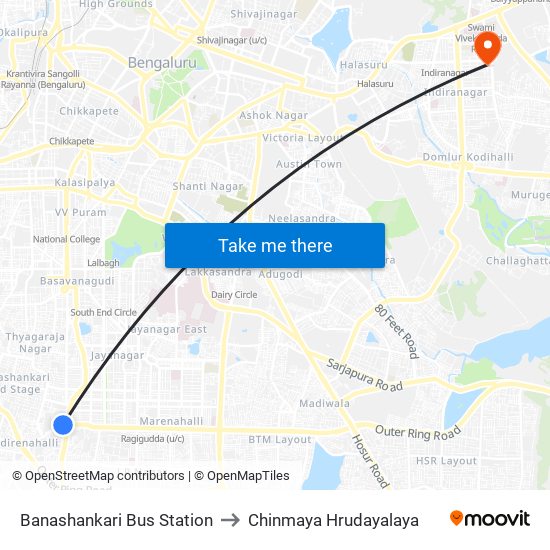 Banashankari Bus Station to Chinmaya Hrudayalaya map