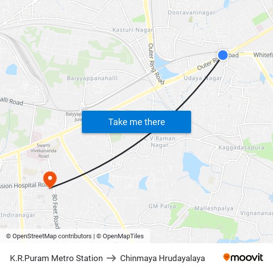 K.R.Puram Metro Station to Chinmaya Hrudayalaya map