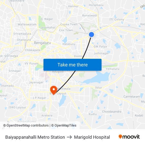 Baiyappanahalli Metro Station to Marigold Hospital map