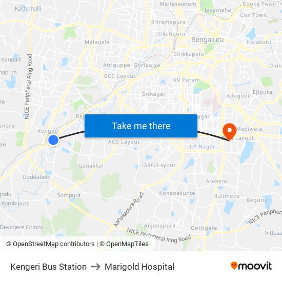 Kengeri Bus Station to Marigold Hospital map