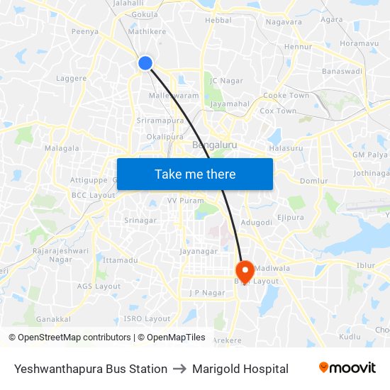 Yeshwanthapura Bus Station to Marigold Hospital map