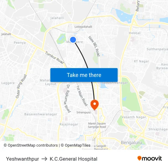 Yeshwanthpur to K.C.General Hospital map