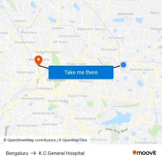 Bengaluru to K.C.General Hospital map