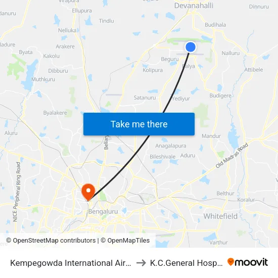 Kempegowda International Airport to K.C.General Hospital map