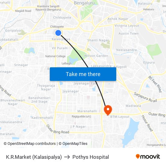 K.R.Market (Kalasipalya) to Pothys Hospital map