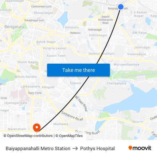 Baiyappanahalli Metro Station to Pothys Hospital map