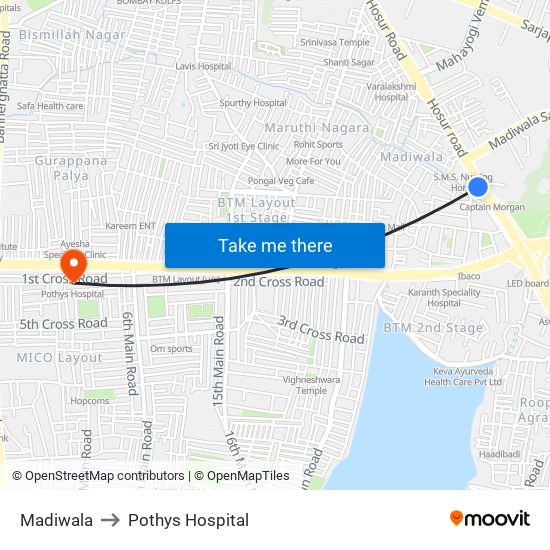 Madiwala to Pothys Hospital map