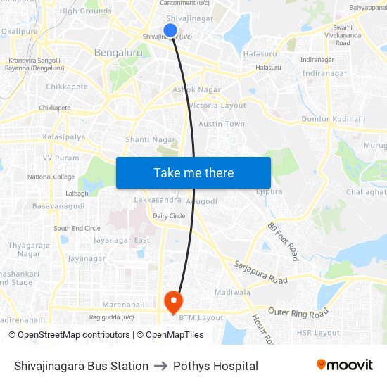 Shivajinagara Bus Station to Pothys Hospital map