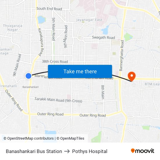 Banashankari Bus Station to Pothys Hospital map