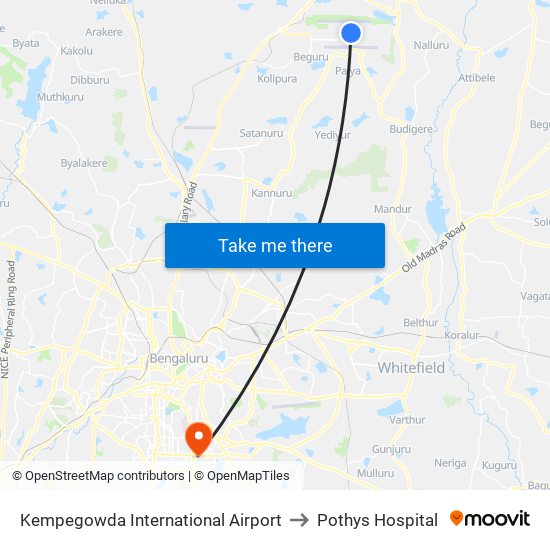 Kempegowda International Airport to Pothys Hospital map
