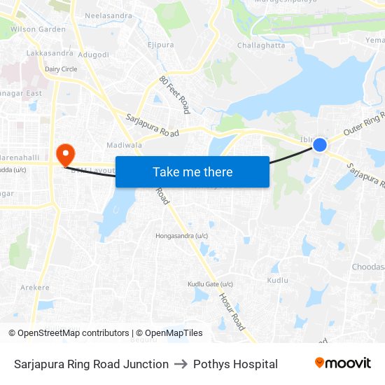 Sarjapura Ring Road Junction to Pothys Hospital map