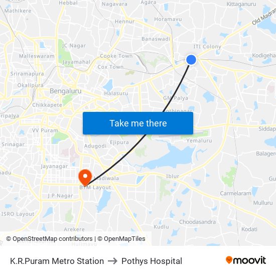 K.R.Puram Metro Station to Pothys Hospital map