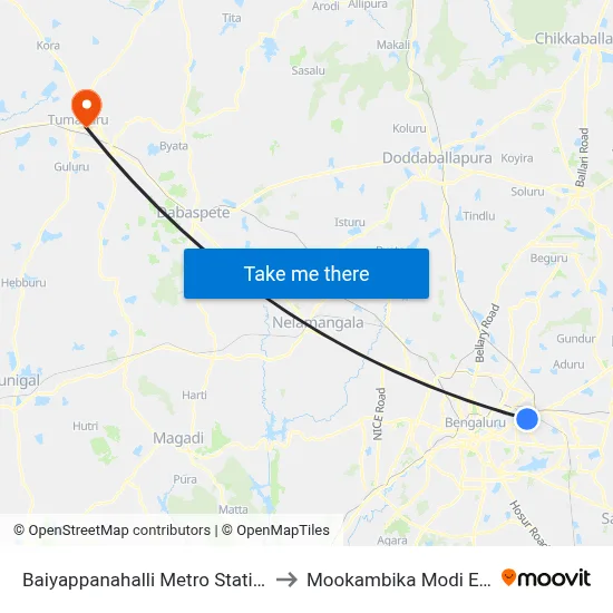 Baiyappanahalli Metro Station to Mookambika Modi Eye map