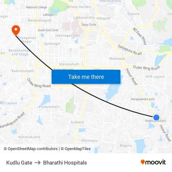 Kudlu Gate to Bharathi Hospitals map