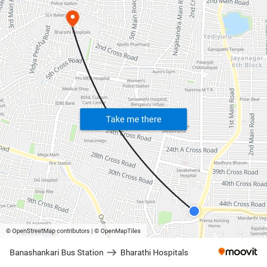 Banashankari Bus Station to Bharathi Hospitals map