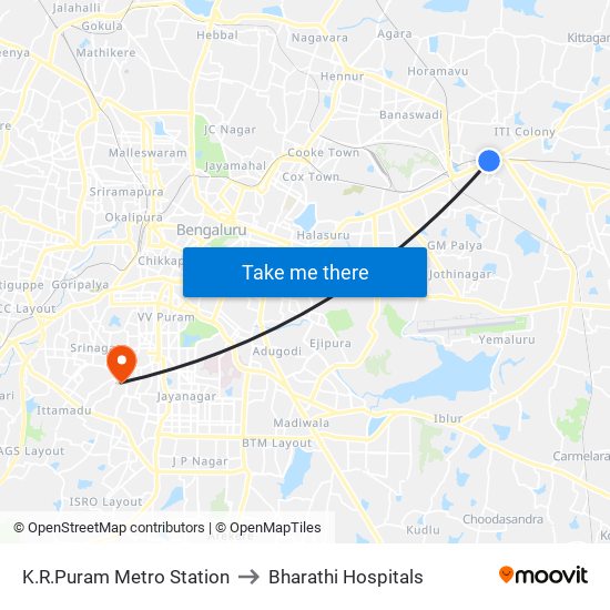 K.R.Puram Metro Station to Bharathi Hospitals map