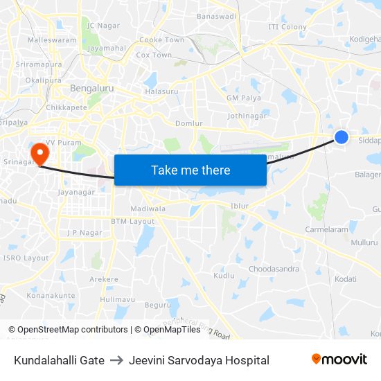 Kundalahalli Gate to Jeevini Sarvodaya Hospital map