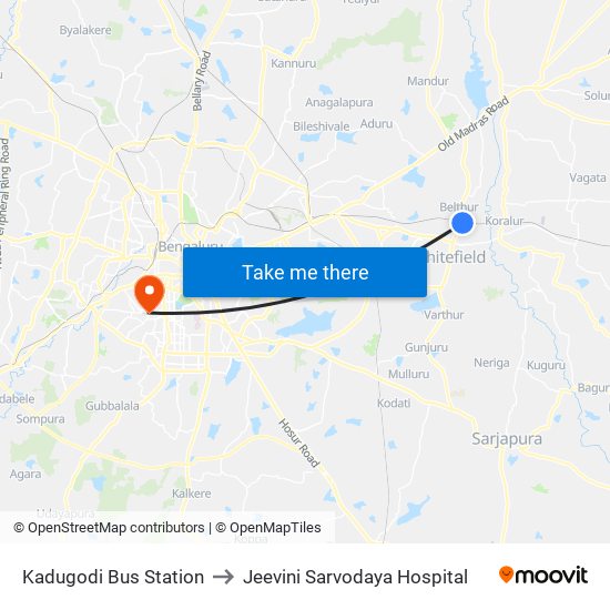 Kadugodi Bus Station to Jeevini Sarvodaya Hospital map