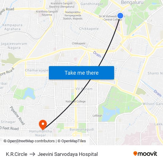 K.R.Circle to Jeevini Sarvodaya Hospital map