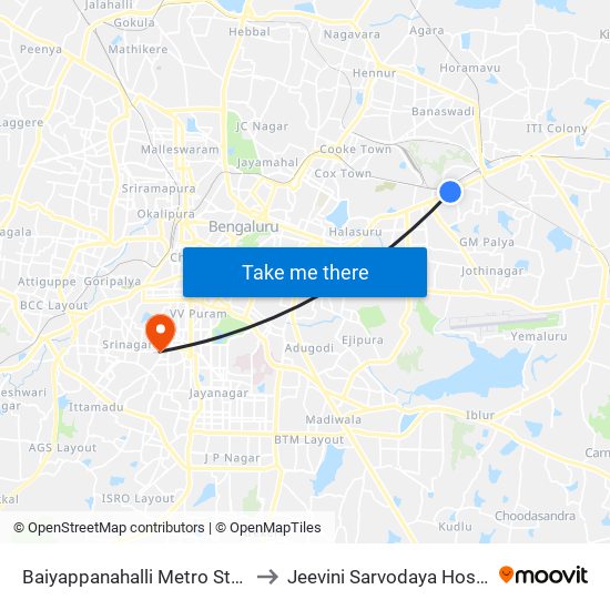 Baiyappanahalli Metro Station to Jeevini Sarvodaya Hospital map