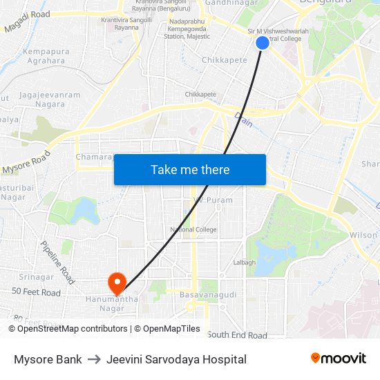 Mysore Bank to Jeevini Sarvodaya Hospital map