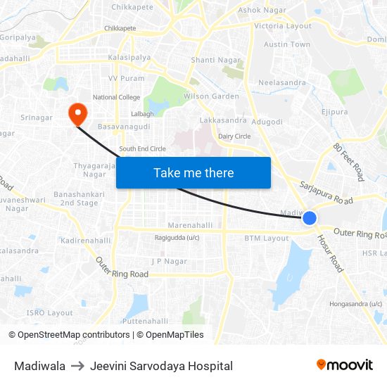Madiwala to Jeevini Sarvodaya Hospital map